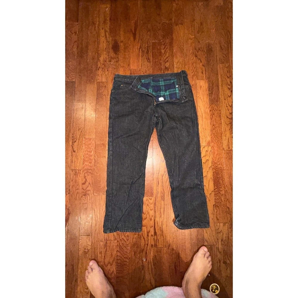 LL Bean Mens Flannel Lined Jeans Dark Wash Black Plaid Insulated 40x30